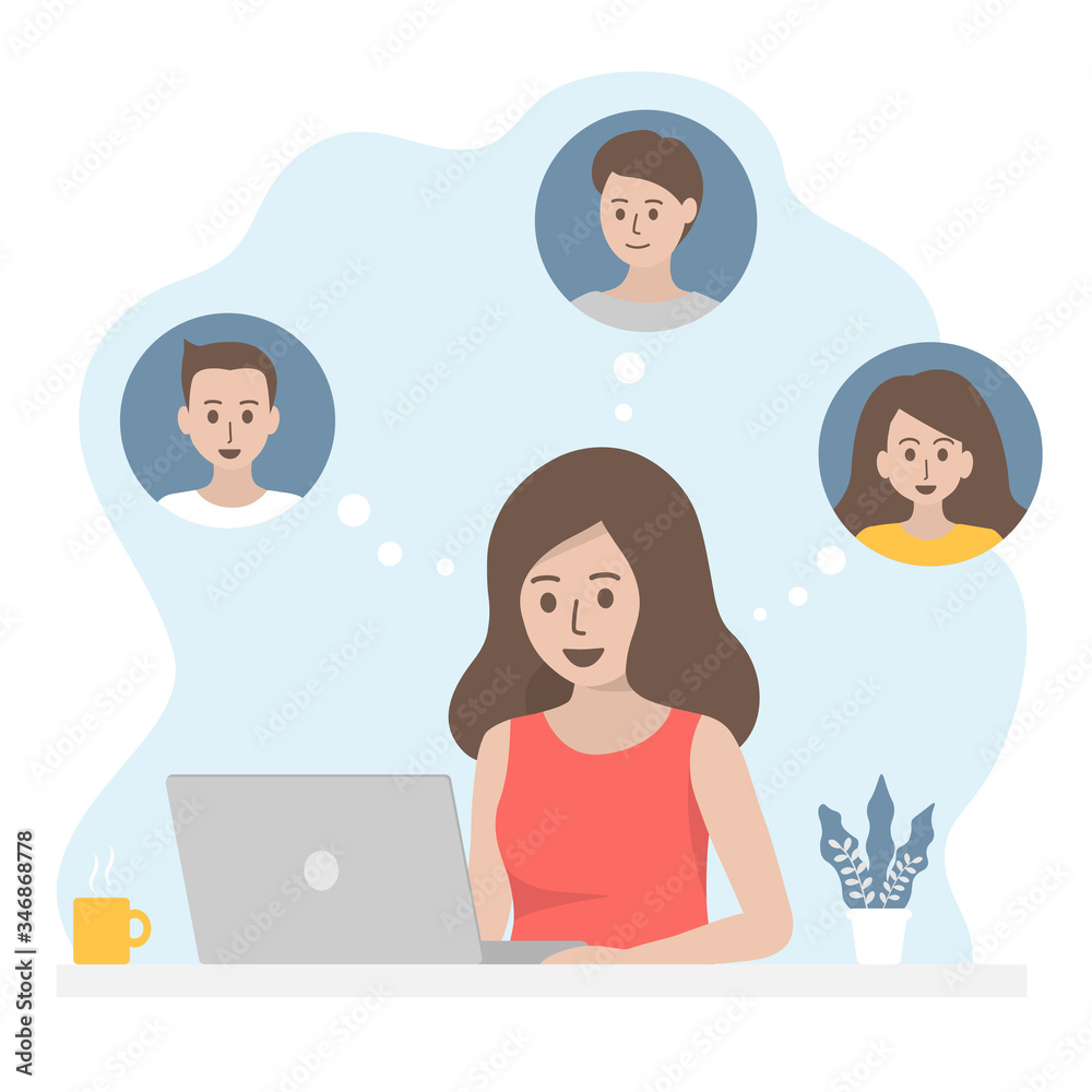 Freelance woman meeting in video call, talking to colleagues with laptop computer at home office. Online conference, remote working and smart working from home concept. Flat vector illustration. Freelance woman meeting in video call, talking to colleagues with laptop computer at home office. Online conference, remote working and smart working from home concept. Flat vector illustration.