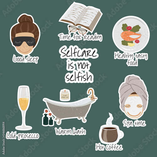 Vector stickers with cartoon illustration of selfcare. Mother needs 
illustrated in trend colors. Personal needs: good sleep, reading, tasty food, bath, relaxing, hot coffee. Cute scrapbook elements