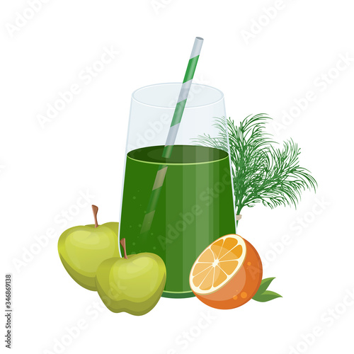 Green fruits and vegetables mix in glass jar. Detox cocktail for healthy dieting.