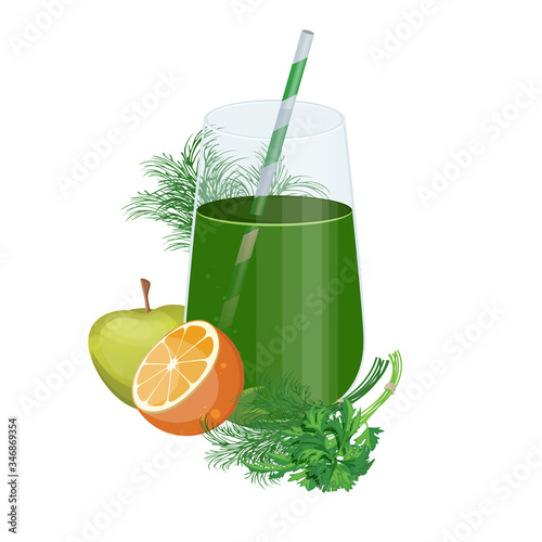 Green fruits and vegetables mix in glass jar. Detox cocktail for healthy dieting.