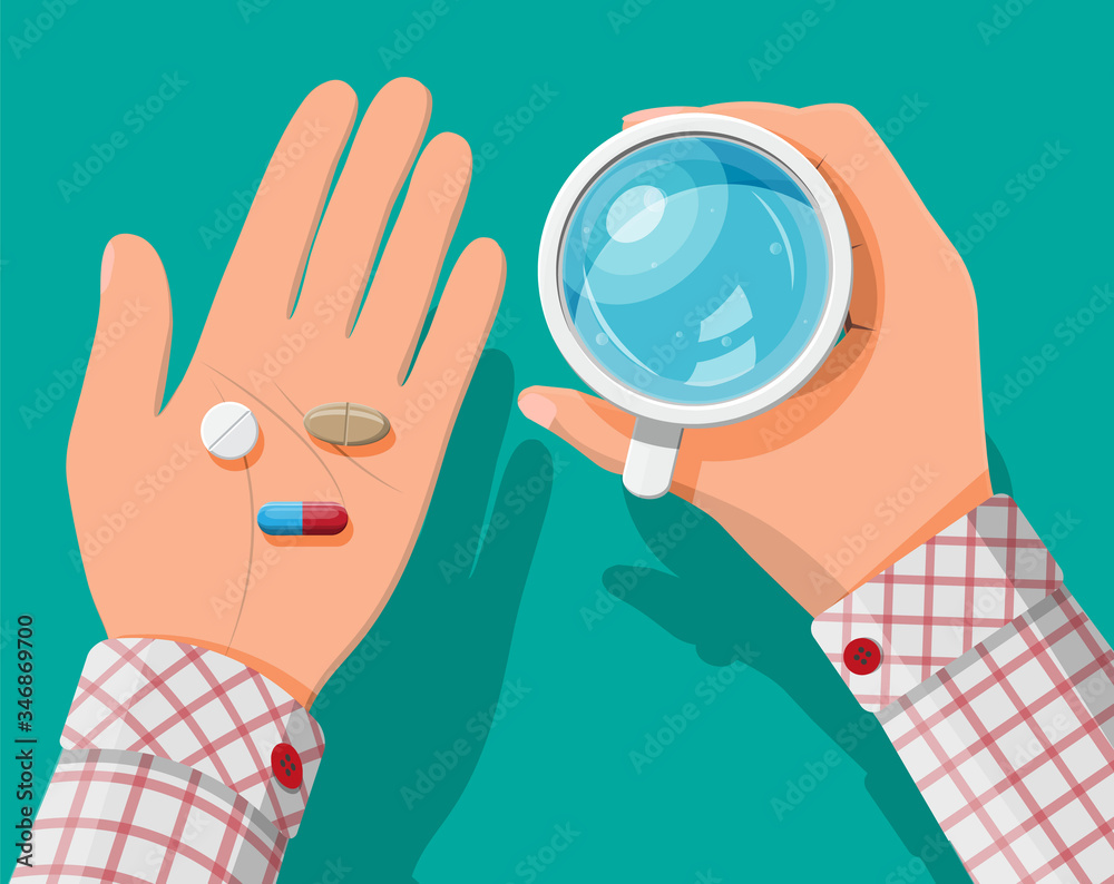 Glass of water in hand, pills, capsules for illness and pain treatment. Taking medication concept. Medical drug, vitamin, antibiotic. Healthcare and pharmacy. Vector illustration in flat style