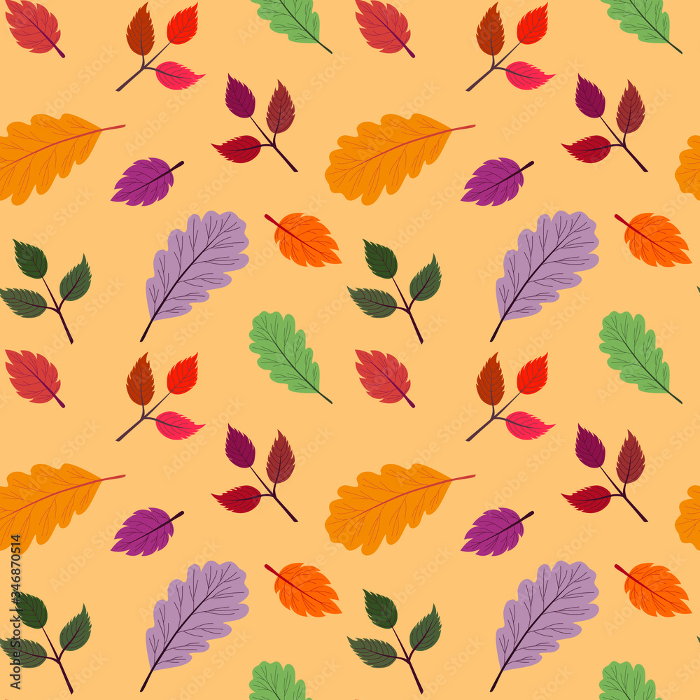 Seamless vector pattern with the image of autumn leaves stylized in a flat style. The colors of the autumn gamut are perfect for scrapbooking paper and as separate design elements. Seamless vector pattern with the image of autumn leaves stylized in a flat style. The colors of the autumn gamut are perfect for scrapbooking paper and as separate design elements.