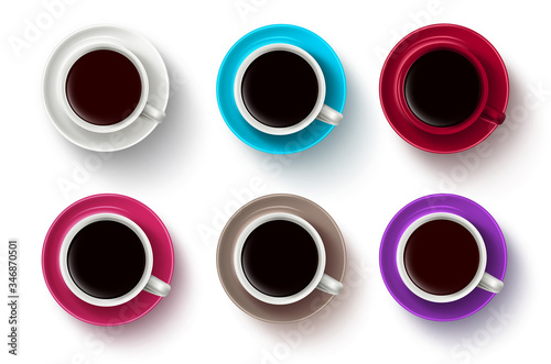 Coffee cup vector set. Coffee cups with saucers in 3D realistic various colors in top view white background. Vector illustration.
