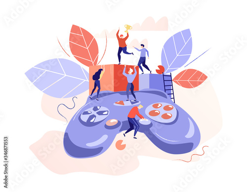 People play video games for winning vector flat illustration