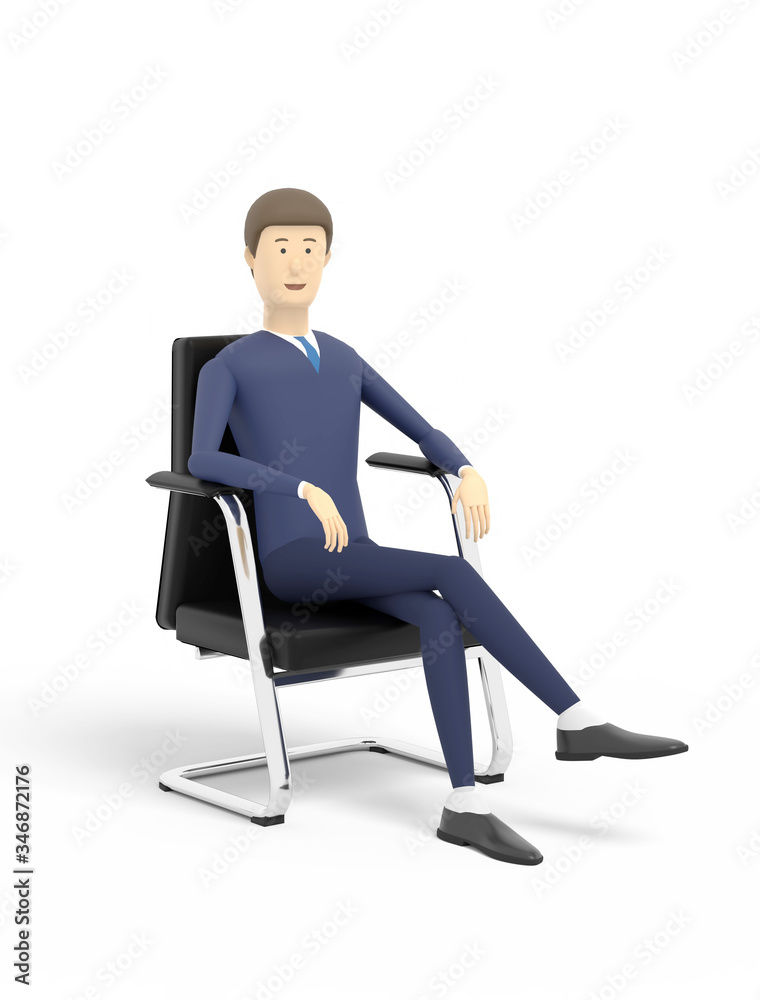 Man is sitting in a black armchair on white background. 3D illustration