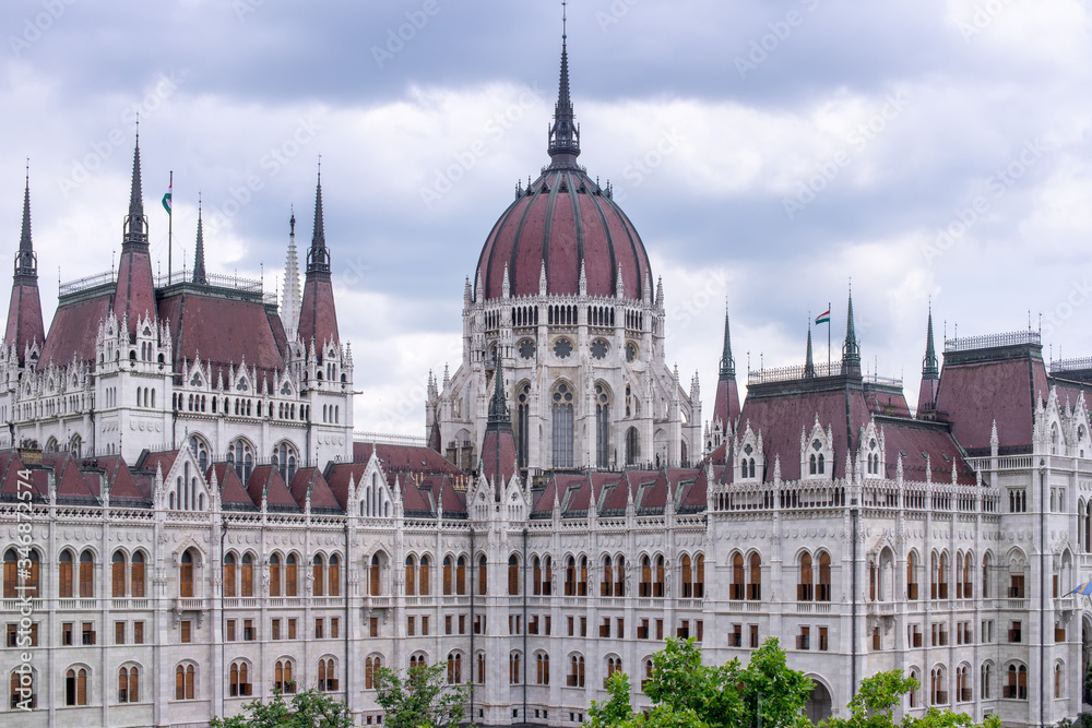 Obraz premium Hungarian parliament building from behind on a sunny day in summer season in Budapest, Hungary - aerial view.