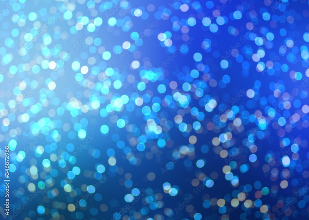 Blue bokeh abstract pattern. Shiny confetti glitter cool background. Holiday decoration. 