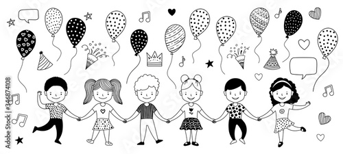 Group chain of happy children holding hands. Graduation concept. Set of elements. Air balloons, firework, music sign. Black and white line art vector doodle illustration