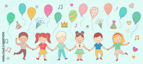 Group chain of happy children holding hands. Graduation concept. Set of elements. Air balloons, firework, music sign. Soft color vector doodle illustration