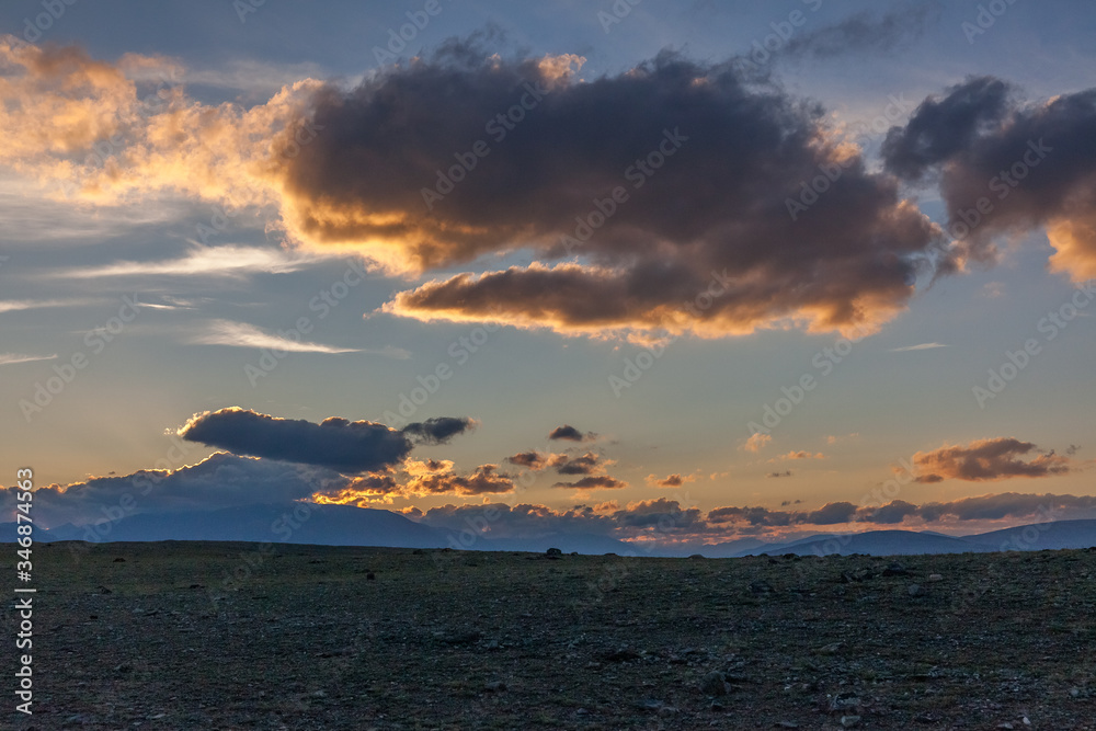 Sunset at the Mongolian steppe, Colorful sunset over Mongolian steppe.