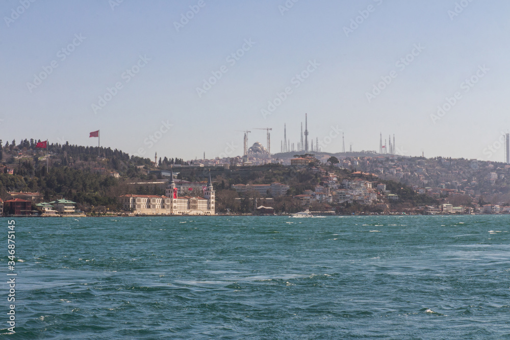 View of the Bosphorus and one of the districts of Istanbul on a sunny day. Turkey