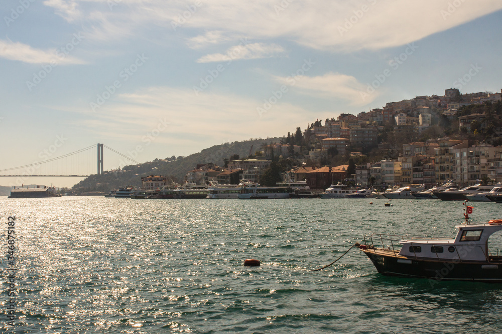 Boats parked in the Bosphorus in Istanbul on a sunny day. Turkey