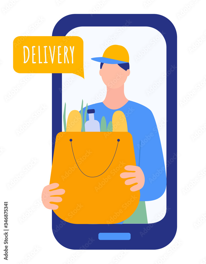 receiving meal at home using a smartphone app, the delivery man with cap is carrying a bag. technology and lifestyle concept. receiving meal at home using a smartphone app, the delivery man with cap is carrying a bag. technology and lifestyle concept.