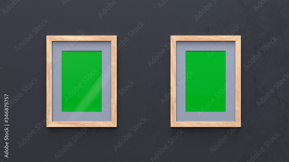 Two wooden frames with green canvases on a black wall. 3d render. Two wooden frames with green canvases on a black wall. 3d render.