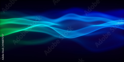 Fototapeta Naklejka Na Ścianę i Meble -  Abstract Wavy Mesh Surface on Dark Background. Science or Technology Banner. Space Cyber Background. Particles with Depth of Field Effect - 3D rendering.