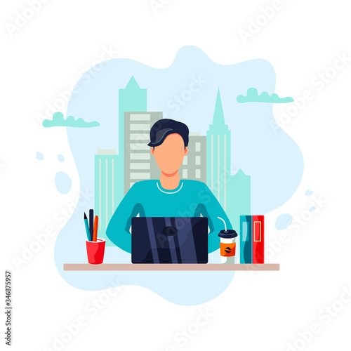 Person is sitting on urban view background and working on laptop. Flat cartoon style design. Vector illustration.