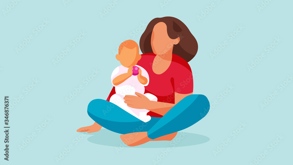 Mom and baby. Young mother holding her newborn child. Concept of motherhood, love, care, kindergarten and child care. Illustration for post, article, poster, postcard or banner.