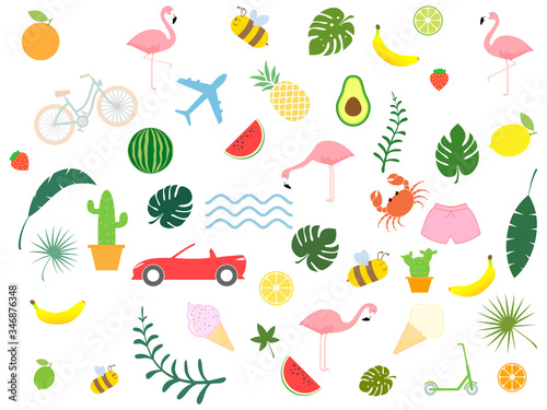 Fototapeta Naklejka Na Ścianę i Meble -  Set of cute summer icons. Bike, plane, crab, car, palm leaves, ice cream, cactus, fruits and flamingo. Hello Summer collection.