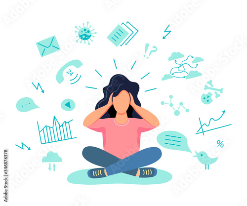 Female gets too much information. Information and data overload concept. Digital information overload. Flat cartoon design styles vector illustration.