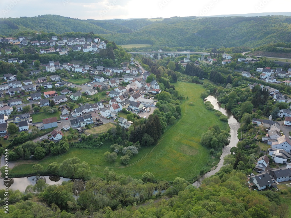 river and villages from above