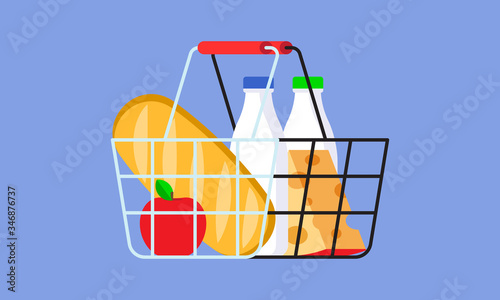 Grocery basket. Shopping basket with different foods: milk, bread, apple and cheese. Vector illustration in flat style, design template for blog, poster, article and banner.