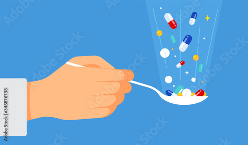 The doctor offers pills for treatment: a tablespoon in hand, various pills and drops fall into a spoon. The concept of life on the tablets. Vector illustration for cover, blog, poster or banner.