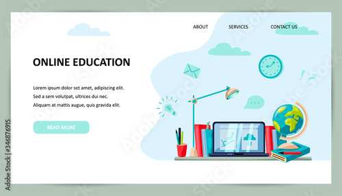 Home learning, online education concept. Backdrop with laptop, lamp, globe, books. Place for text. Flat cartoon style design. Vector illustration.