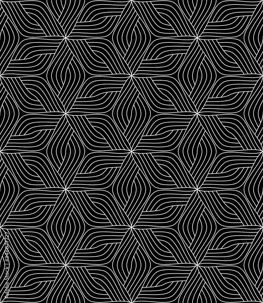 Vector geometric seamless pattern. Modern geometric background. Monochrome repeating pattern with fantastic flowers.
