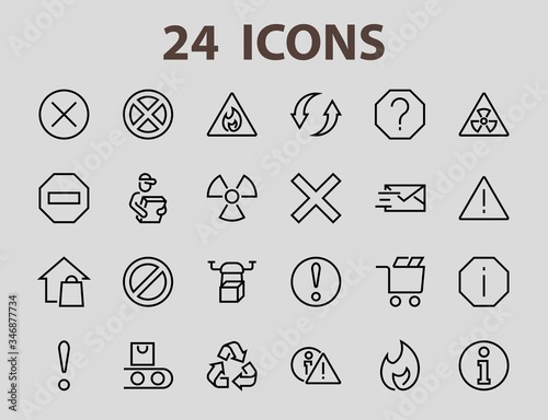 A simple set of WARNINGS, thin vector lines. Contains ICONS such as a warning, exclamation mark, reuse, warning sign, and more. Editable stroke. 48x48 Pixel Perfect. Vector illustration