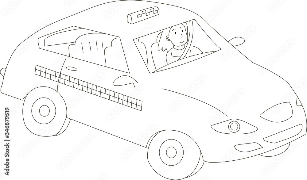 Vector black and white outline contour. Silhouette of a taxi driver in a car rides. Coloring.
