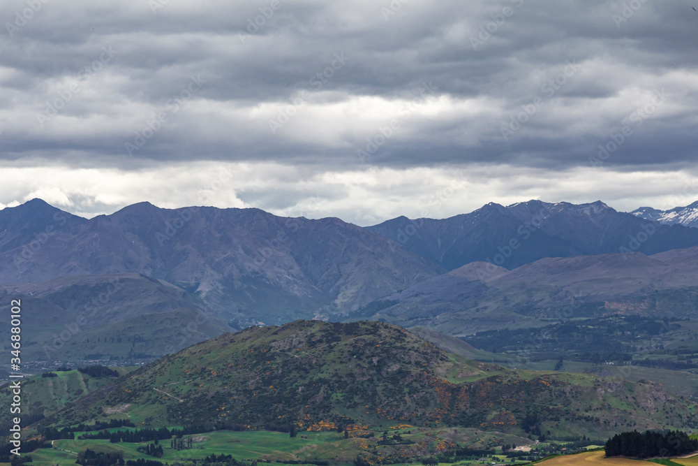 Scenic view of the blue mountains of the South Island. New Zealand