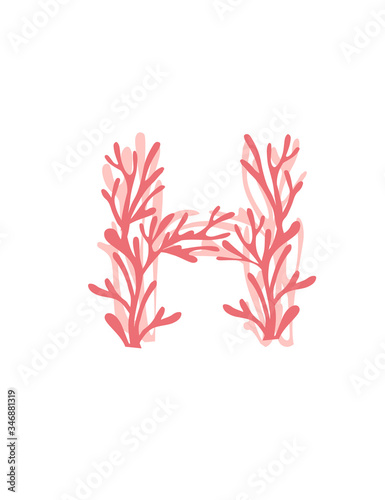 Letter H pink colored seaweeds underwater ocean plant sea coral elements flat vector illustration on white background