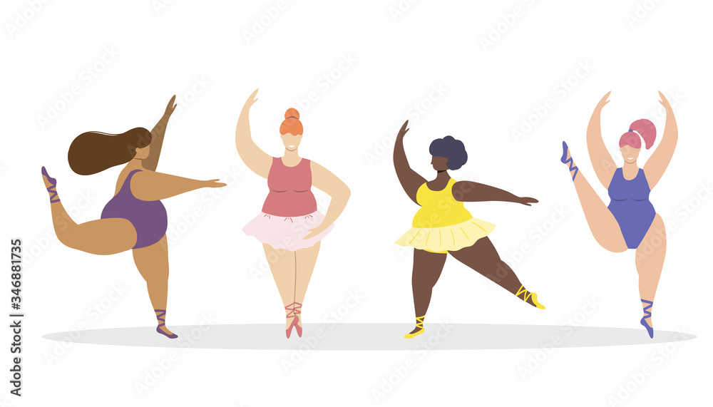 Group of happy plus size woman dancing ballet. Body positive concept.