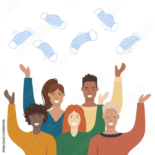 Coronavirus win concept. People  throwing up medical masks.