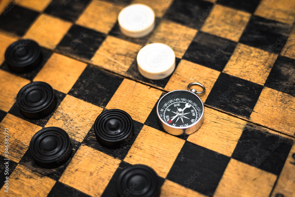 Search for non-standard solutions. Help in overcoming a difficult situation. Conceptually, the photo. Chess Board and compass. Search for non-standard solutions. Help in overcoming a difficult situation. Conceptually, the photo. Chess Board and compass.