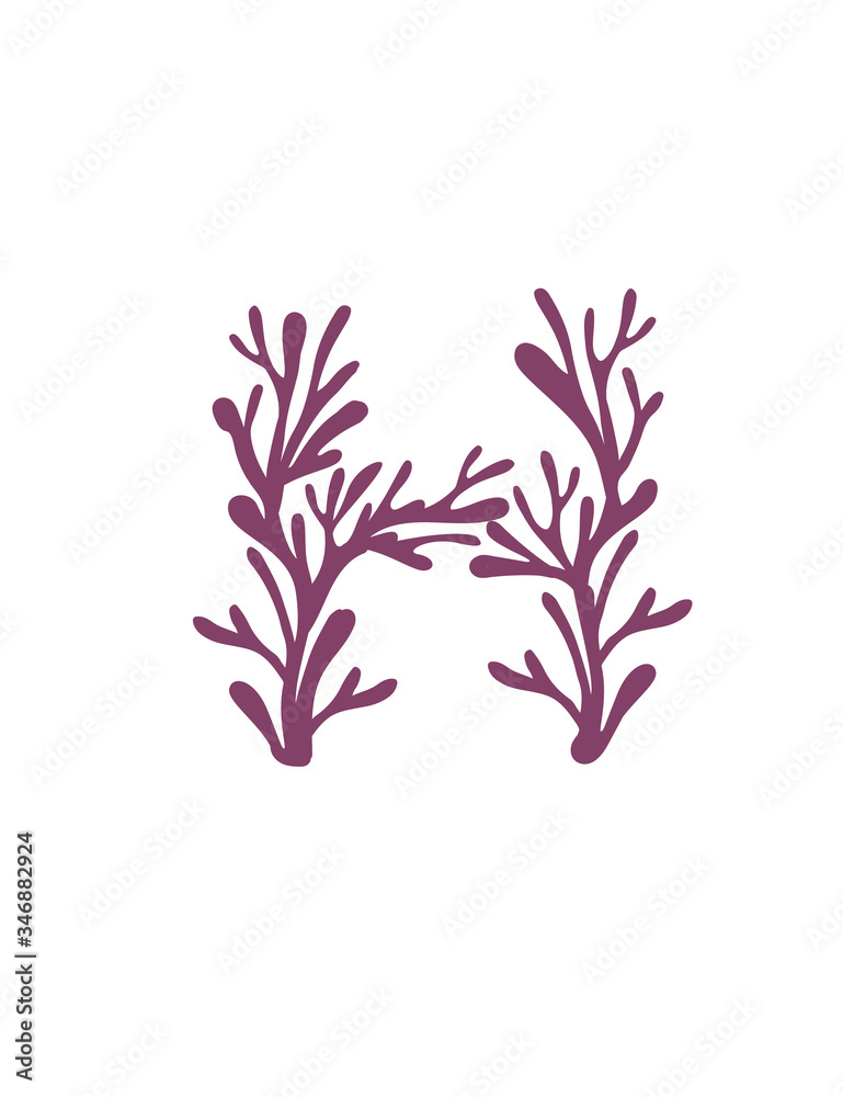 Letter H purple colored seaweeds underwater ocean plant sea coral elements flat vector illustration on white background