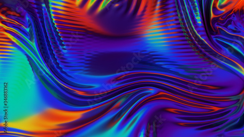 Iridescent chrome wavy cloth fabric abstract background  ultraviolet holographic foil texture  liquid petrol surface  ripples  metallic reflection. 3d render illustration.