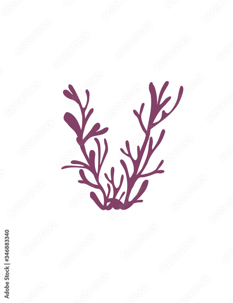 Obraz Letter V purple colored seaweeds underwater ocean plant sea coral elements flat vector illustration on white background