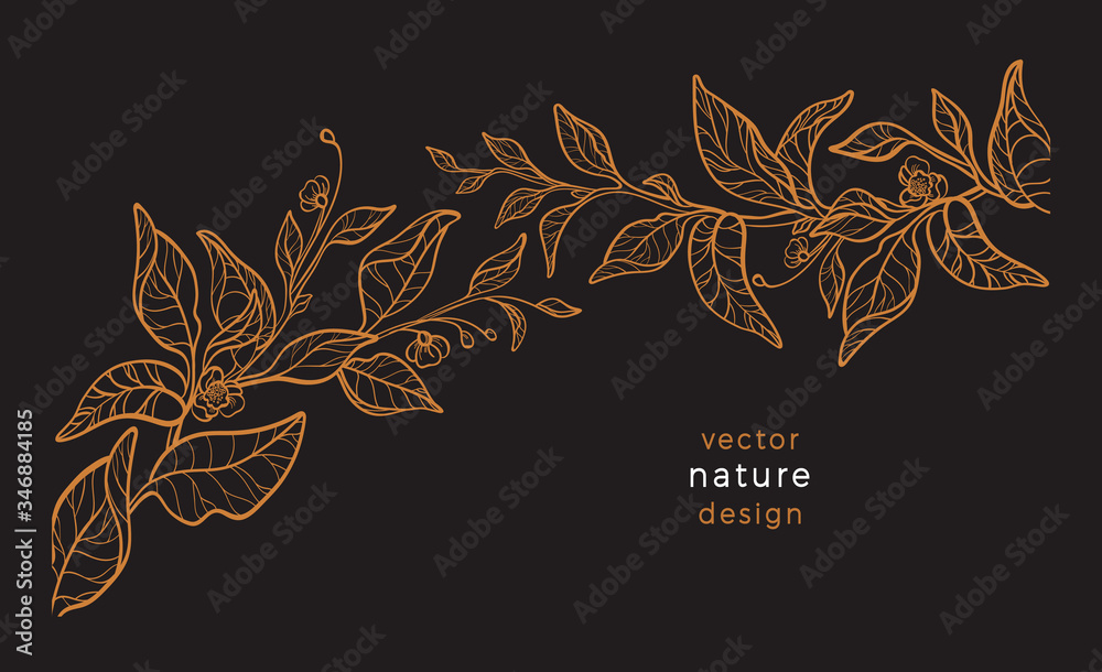 Vector art line plant, tea leaf Gold retro garland