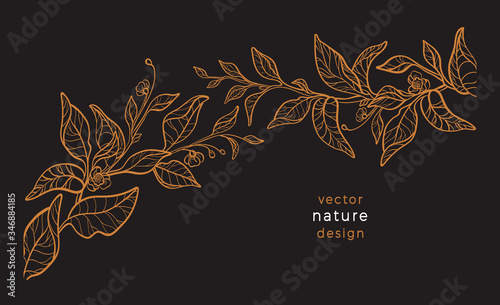 Vector art line plant, tea leaf Gold retro garland