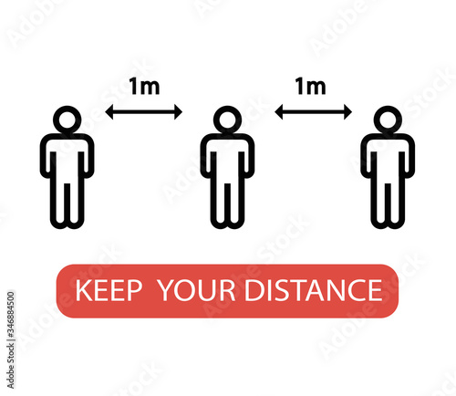 Vector of footprint sign red color with text keep your distance, 1m social distancing for print floor. Social distancing concept. protection from Covid-19, Coronavirus outbreak spreading illustration