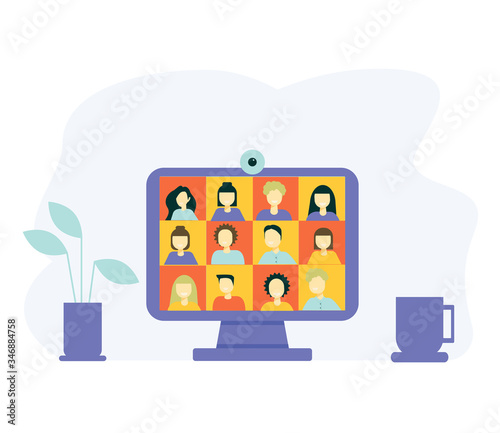 Colleagues talk to each other on the computer screen. Conference video call, working from home. Conference video call, remote project management, quarantine, working from home. People on computer scre