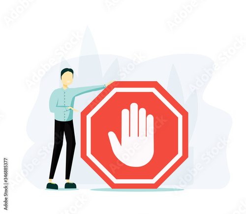 Stop sign vector illustration. Flat tiny prohibition no gesture person concept. Symbolic warning, danger or safety caution information. Forbidden entry or restricted area ban or blocked road alert.
