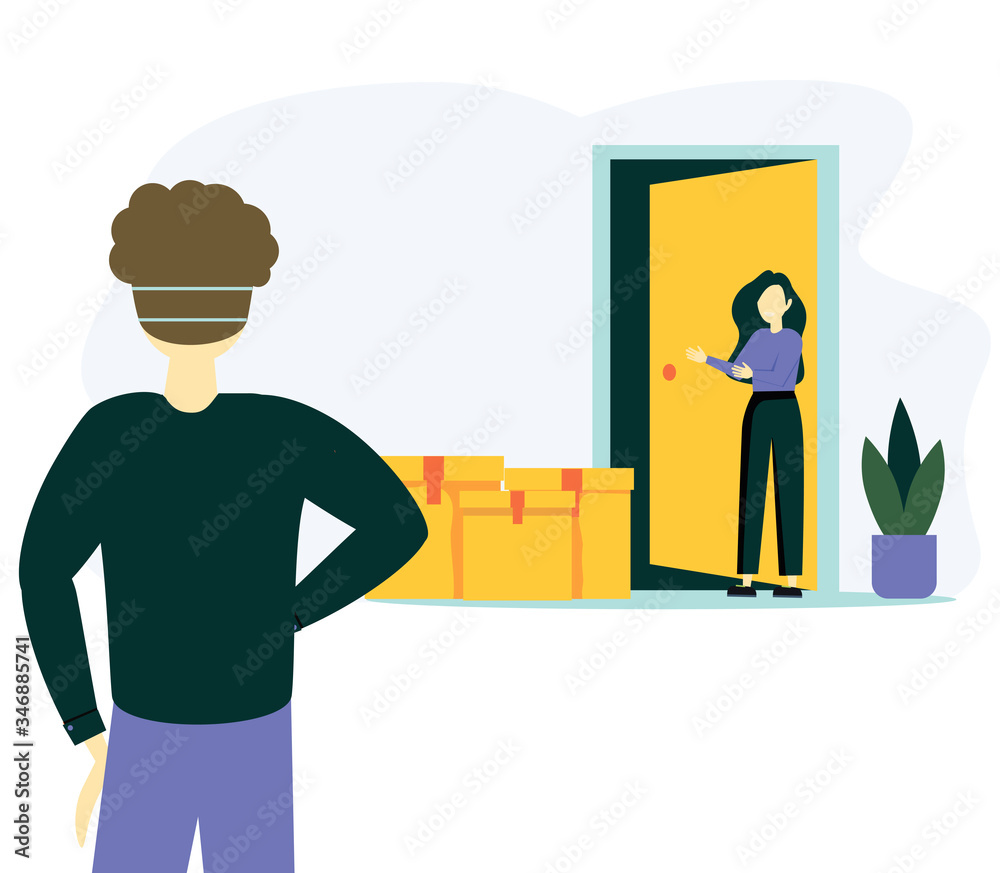Contactless delivery concept illustration. Vector scene with courier and woman in protective masks and food bag with safe distance to protect form covid-19 or coronavirus Contactless delivery concept illustration. Vector scene with courier and woman in protective masks and food bag with safe distance to protect form covid-19 or coronavirus
