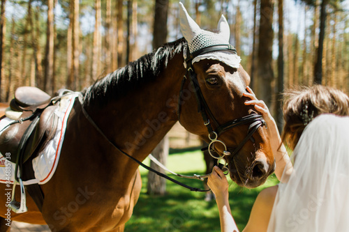 The bride is stroking the horse. View from the back. Focus on the horse's eyes.