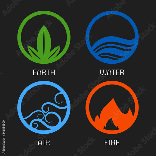 Fire, water, earth and air icons. Basic element sign set. Vector illustration.