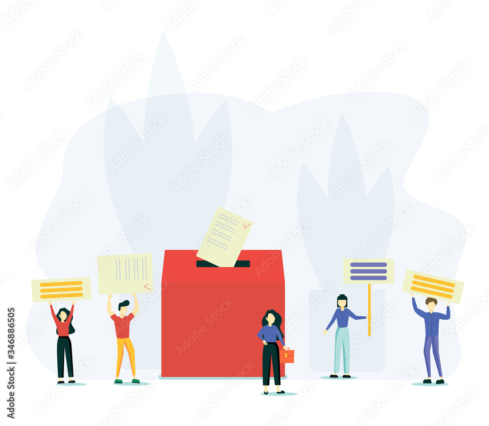 voting mini people concept flat vector illustration with computer screen,voting box and voters making decisions.Modern electronic voting system for election,government rules and public projects voting mini people concept flat vector illustration with computer screen,voting box and voters making decisions.Modern electronic voting system for election,government rules and public projects