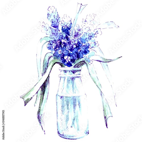 watercolor illustration with muscari flowers in vase