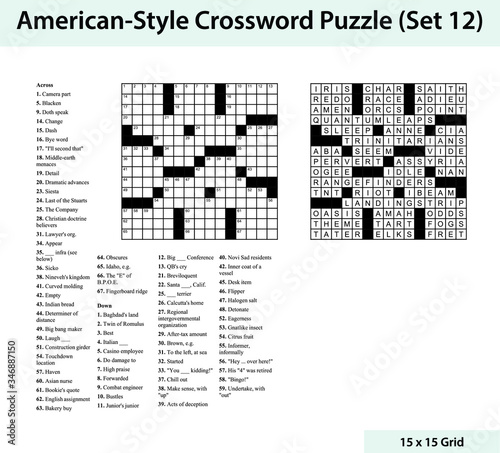 American style crossword puzzle with a 15 x 15 grid. Includes blank crossword grid, clues, and solution.