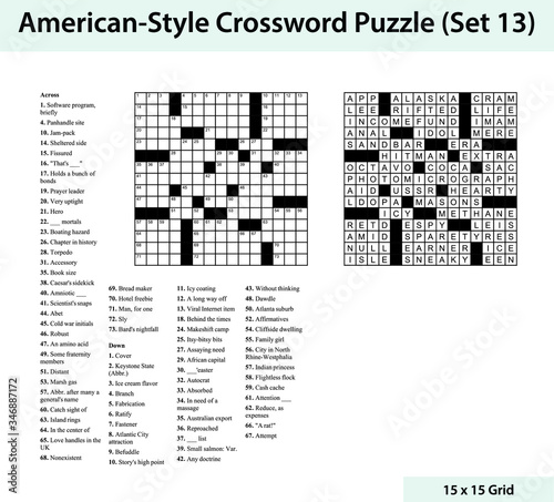 American style crossword puzzle with a 15 x 15 grid. Includes blank crossword grid, clues, and solution. photo